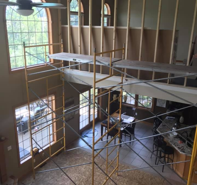 new interior construction project in Altoona PA. Scoffolding set up for a big interior home rennovation. Dawson and Wolfe Construction in Altoona, Hollidaysburg, Duncansville, tyrone in Blair COunty PA